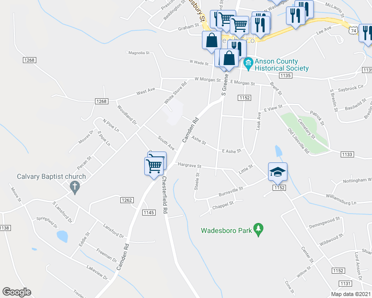 map of restaurants, bars, coffee shops, grocery stores, and more near 515 Camden Rd in Wadesboro