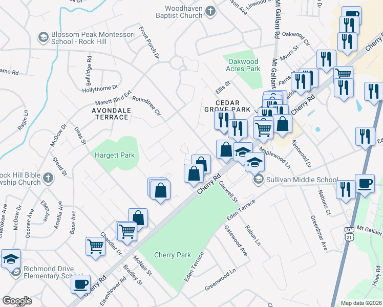 map of restaurants, bars, coffee shops, grocery stores, and more near 1572 Eagles Place in Rock Hill
