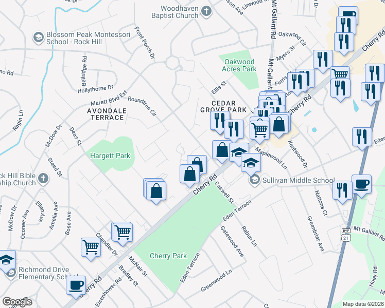 map of restaurants, bars, coffee shops, grocery stores, and more near 1051 Ebinport Road in Rock Hill