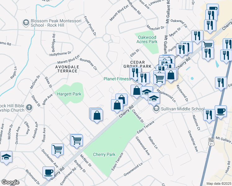 map of restaurants, bars, coffee shops, grocery stores, and more near 1051 Ebinport Road in Rock Hill