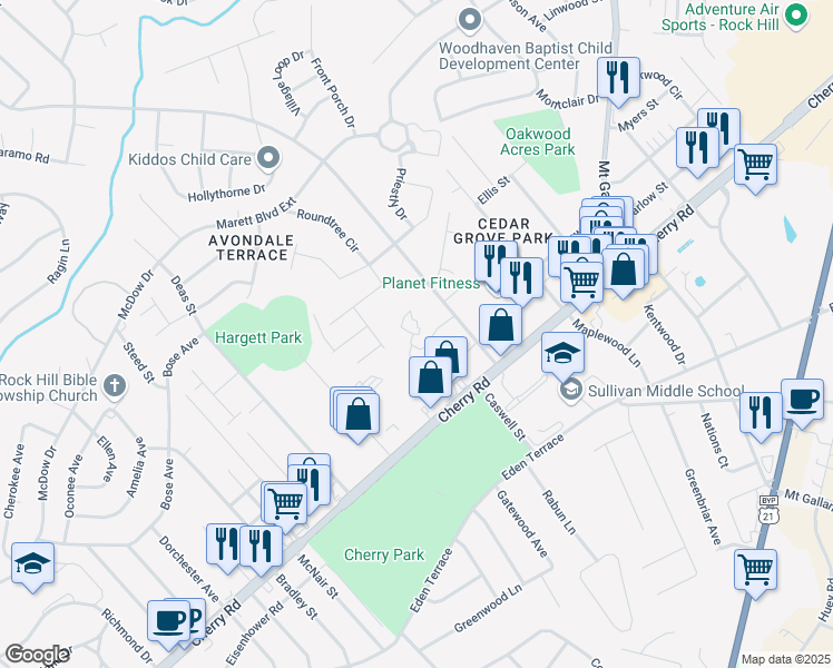 map of restaurants, bars, coffee shops, grocery stores, and more near 1572 Eagles Place in Rock Hill