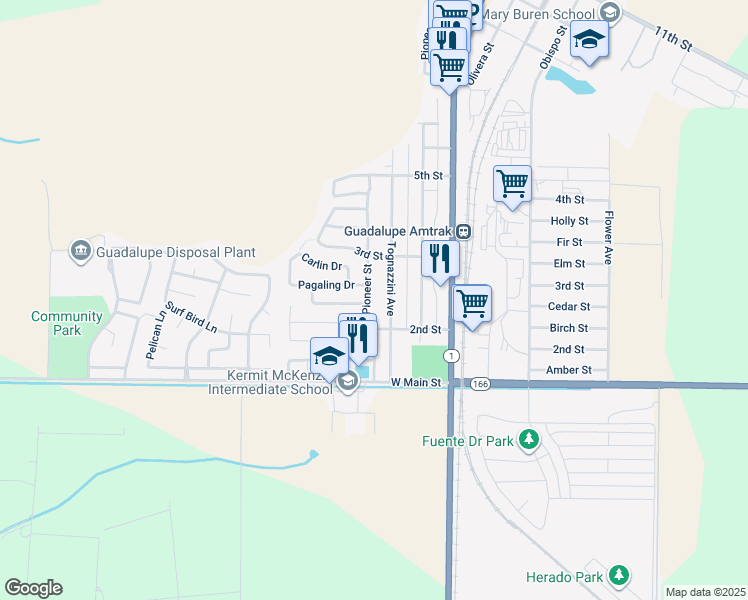 map of restaurants, bars, coffee shops, grocery stores, and more near 236 Pioneer Street in Guadalupe