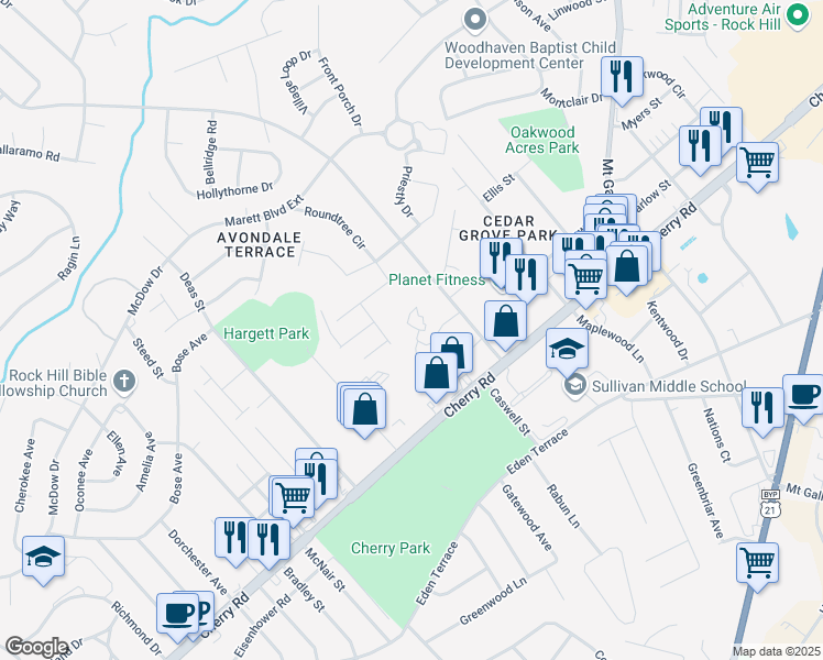 map of restaurants, bars, coffee shops, grocery stores, and more near 1572 Eagles Place in Rock Hill