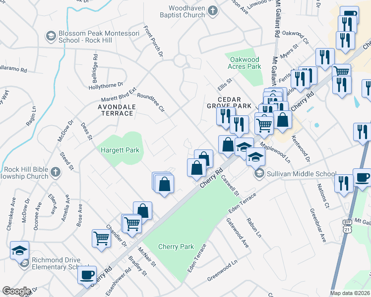 map of restaurants, bars, coffee shops, grocery stores, and more near 1572 Eagles Place in Rock Hill