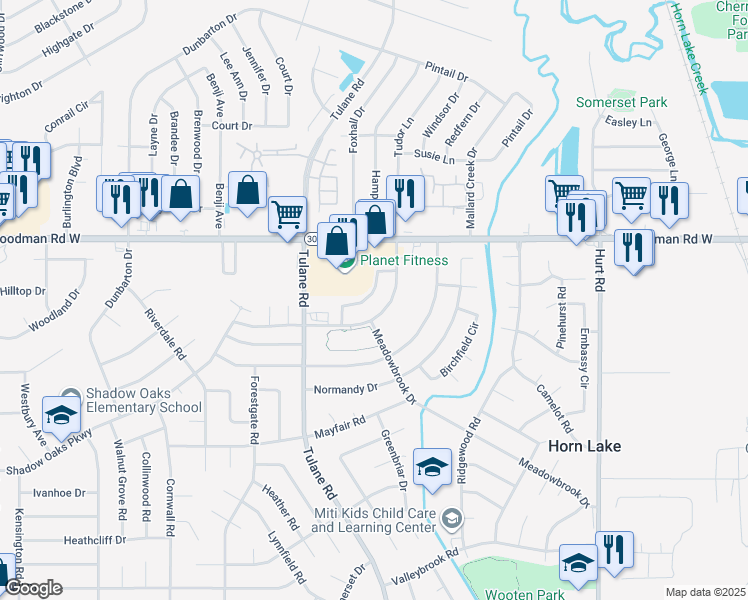 map of restaurants, bars, coffee shops, grocery stores, and more near 3285 Edenshire Lane in Horn Lake