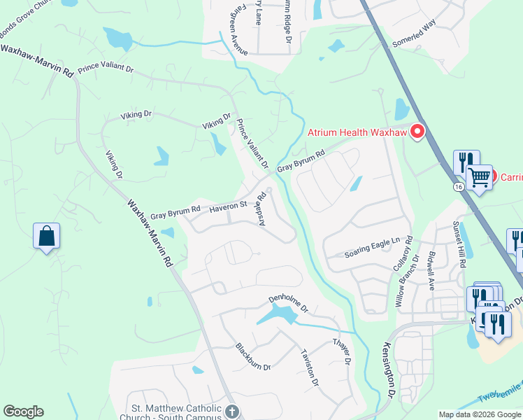 map of restaurants, bars, coffee shops, grocery stores, and more near 3203 Arsdale Road in Waxhaw