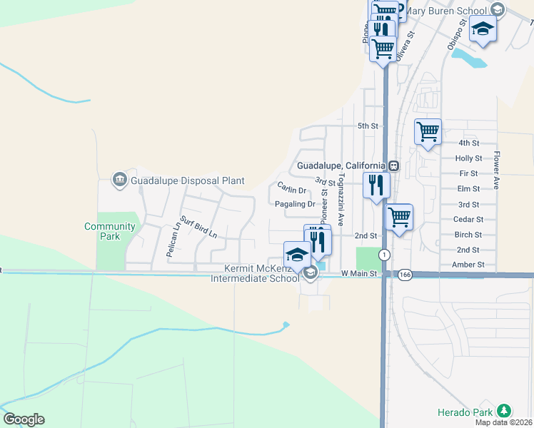 map of restaurants, bars, coffee shops, grocery stores, and more near 276 Camp Lane in Guadalupe