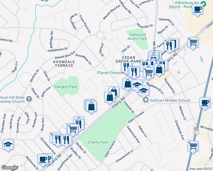 map of restaurants, bars, coffee shops, grocery stores, and more near 1572 Eagles Place in Rock Hill