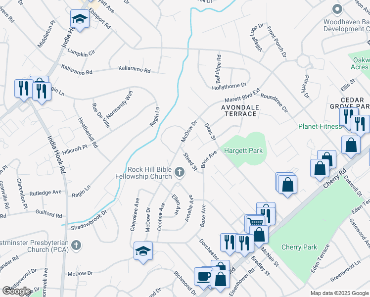 map of restaurants, bars, coffee shops, grocery stores, and more near 1364 Steed Street in Rock Hill