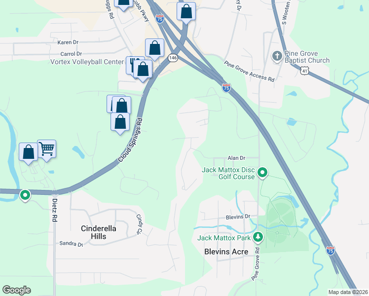 map of restaurants, bars, coffee shops, grocery stores, and more near 36 The Pointe Drive in Ringgold