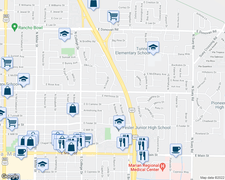 map of restaurants, bars, coffee shops, grocery stores, and more near 806 North Bradley Road in Santa Maria