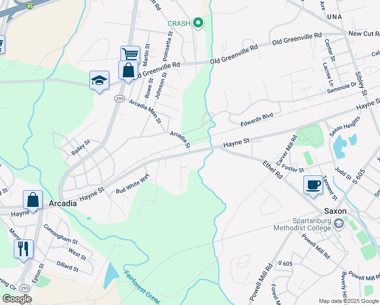 map of restaurants, bars, coffee shops, grocery stores, and more near 100 Arcadia Street in Spartanburg