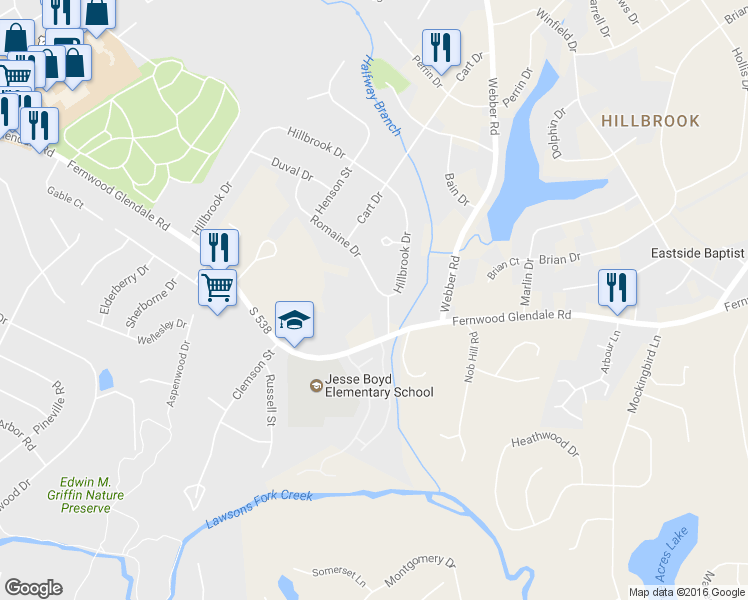 map of restaurants, bars, coffee shops, grocery stores, and more near 160 Romaine Drive in Spartanburg