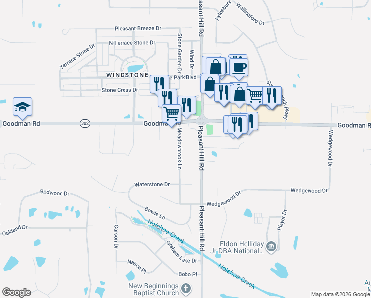 map of restaurants, bars, coffee shops, grocery stores, and more near 6872 Meadowbrook Lane in Olive Branch