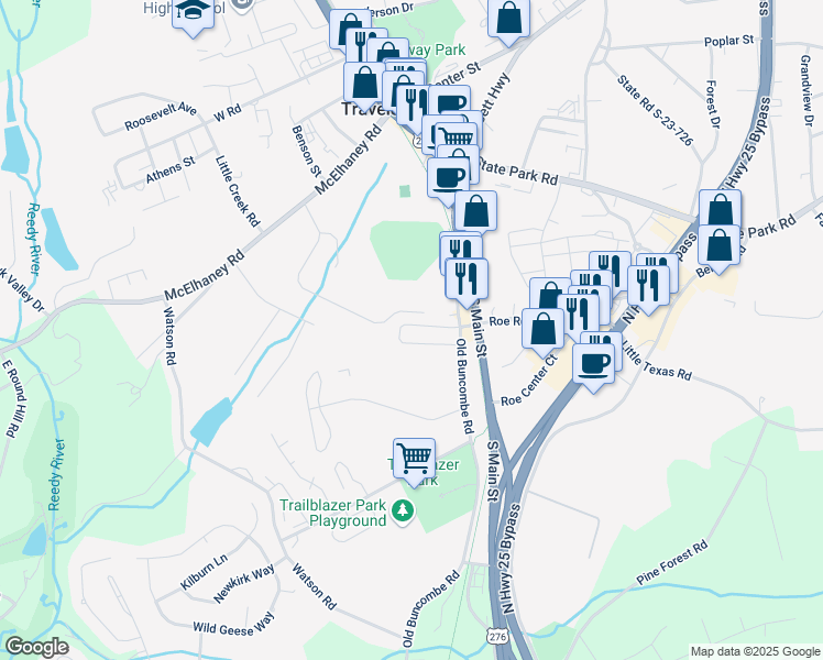 map of restaurants, bars, coffee shops, grocery stores, and more near 22 Village Circle in Travelers Rest