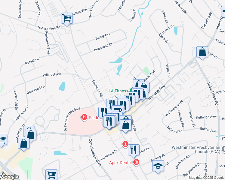 map of restaurants, bars, coffee shops, grocery stores, and more near 1792 Ebenezer Road in Rock Hill