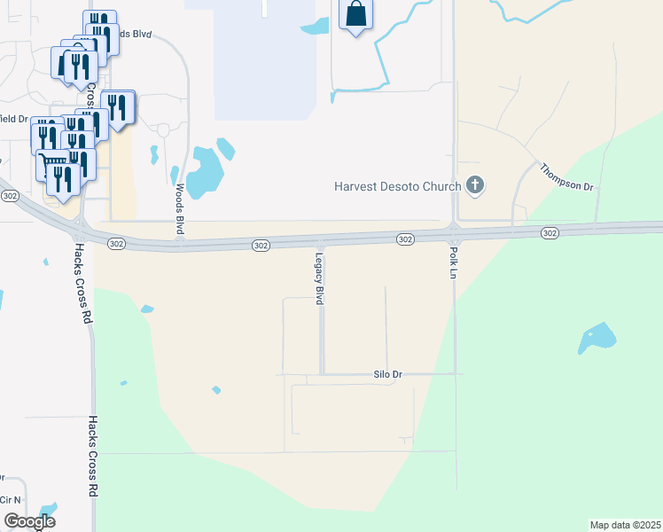 map of restaurants, bars, coffee shops, grocery stores, and more near 6750 Legacy Boulevard in Olive Branch