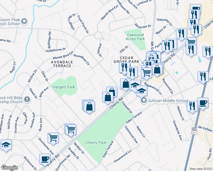 map of restaurants, bars, coffee shops, grocery stores, and more near 1696 Eagles Place in Rock Hill