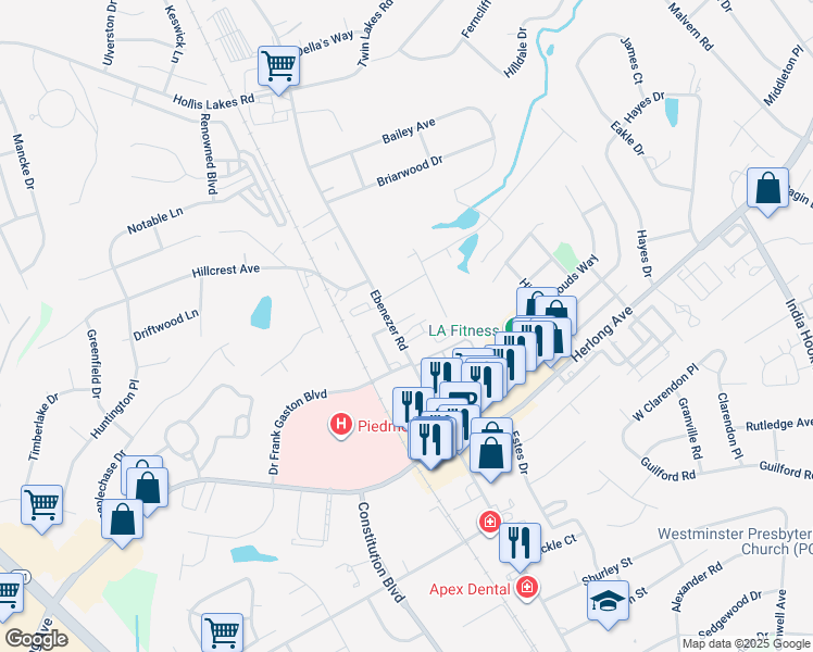 map of restaurants, bars, coffee shops, grocery stores, and more near 112 Neely Court in Rock Hill