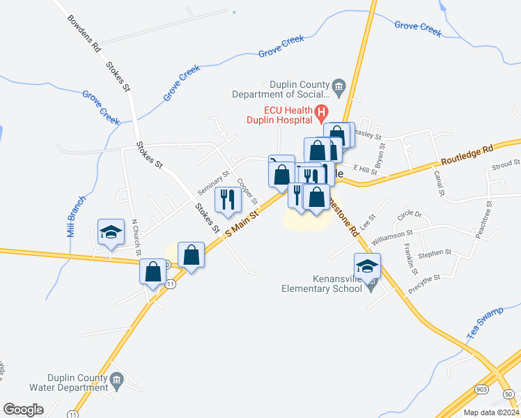 map of restaurants, bars, coffee shops, grocery stores, and more near North Carolina 11 in Kenansville