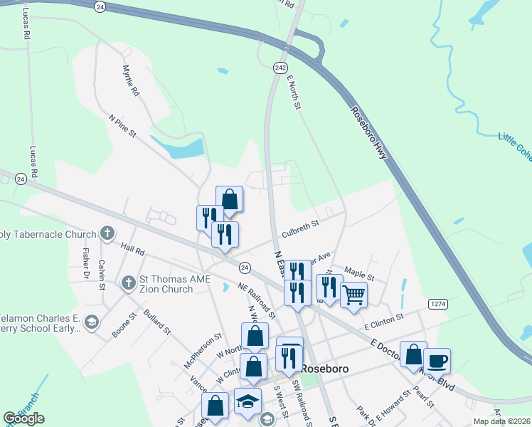 map of restaurants, bars, coffee shops, grocery stores, and more near 714 North East Street in Roseboro