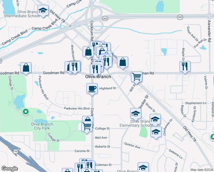 map of restaurants, bars, coffee shops, grocery stores, and more near 9170 Highland Street in Olive Branch