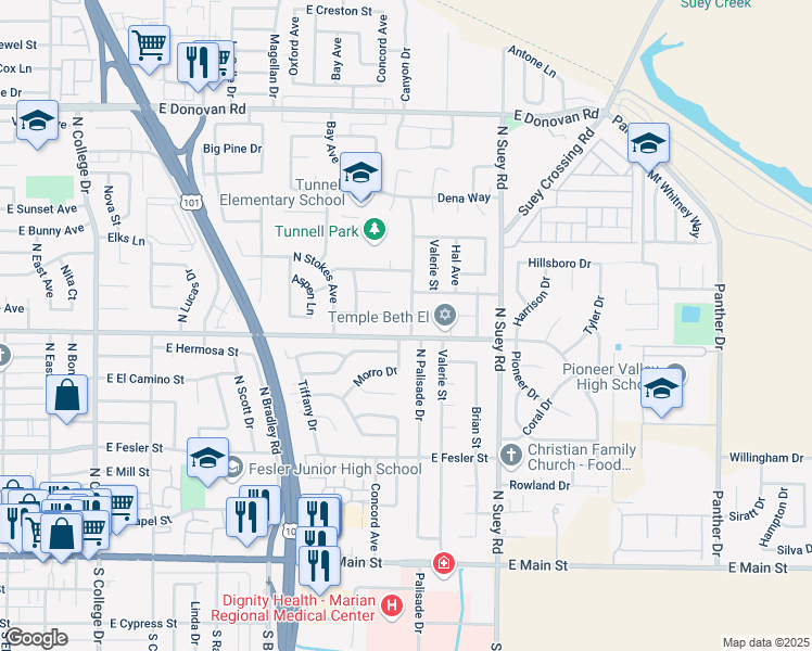 map of restaurants, bars, coffee shops, grocery stores, and more near 805 North Palisade Drive in Santa Maria