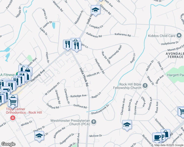 map of restaurants, bars, coffee shops, grocery stores, and more near 1718 India Hook Road in Rock Hill
