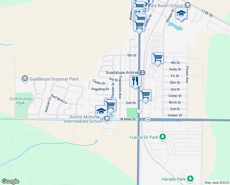 map of restaurants, bars, coffee shops, grocery stores, and more near 236 Pioneer Street in Guadalupe