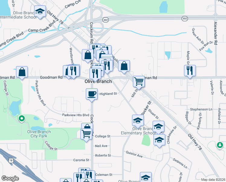 map of restaurants, bars, coffee shops, grocery stores, and more near 9170 Highland Street in Olive Branch