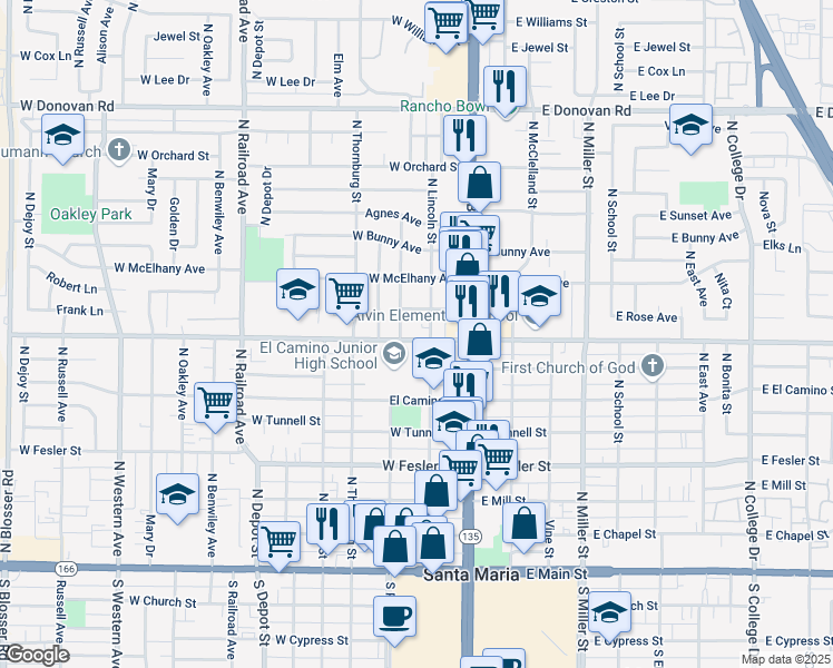 map of restaurants, bars, coffee shops, grocery stores, and more near 215 West Alvin Avenue in Santa Maria