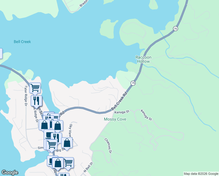 map of restaurants, bars, coffee shops, grocery stores, and more near 259 Omega Way in Hiawassee