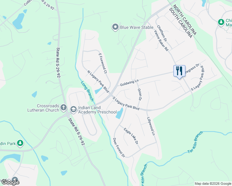 map of restaurants, bars, coffee shops, grocery stores, and more near 1203 East Arrow Lake Court in Indian Land