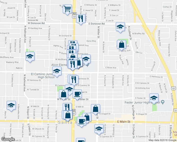 map of restaurants, bars, coffee shops, grocery stores, and more near 301 East Alvin Avenue in Santa Maria