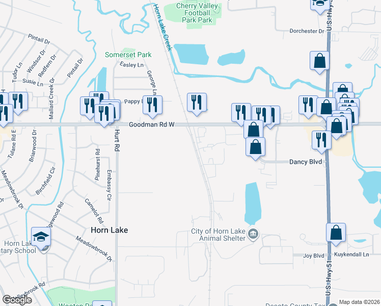 map of restaurants, bars, coffee shops, grocery stores, and more near 6841 Wallace Lane in Horn Lake