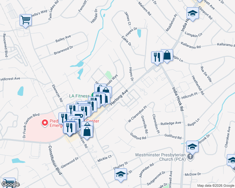 map of restaurants, bars, coffee shops, grocery stores, and more near 328 Rose Garden Court in Rock Hill