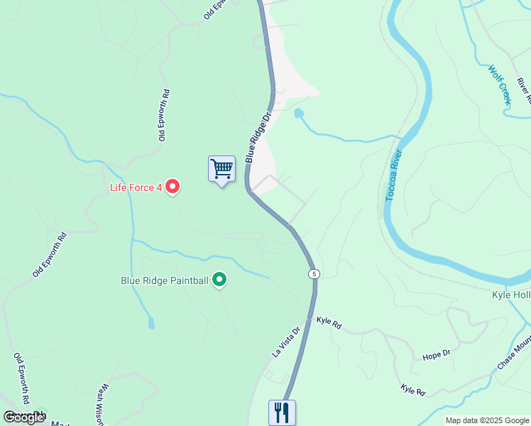 map of restaurants, bars, coffee shops, grocery stores, and more near 2098 Blue Ridge Drive in Blue Ridge