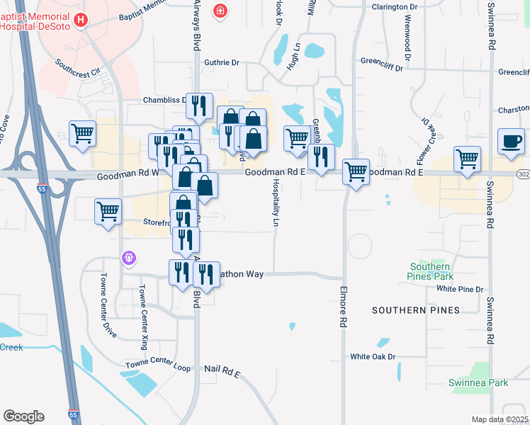 map of restaurants, bars, coffee shops, grocery stores, and more near 181 Goodman Road East in Southaven