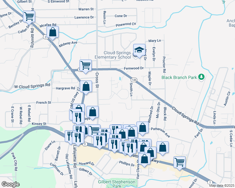 map of restaurants, bars, coffee shops, grocery stores, and more near 2197 Lafayette Road in Fort Oglethorpe