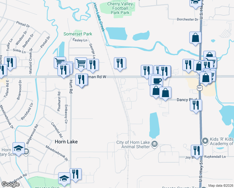 map of restaurants, bars, coffee shops, grocery stores, and more near 6871 Center Street West in Horn Lake