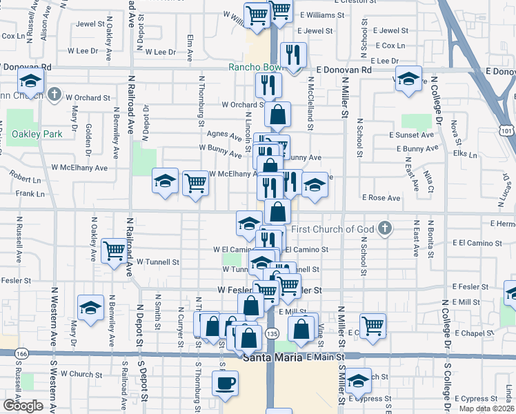 map of restaurants, bars, coffee shops, grocery stores, and more near 115 West Alvin Avenue in Santa Maria