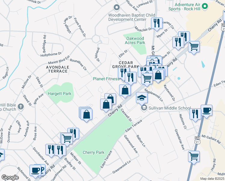 map of restaurants, bars, coffee shops, grocery stores, and more near 1051 Ebinport Road in Rock Hill