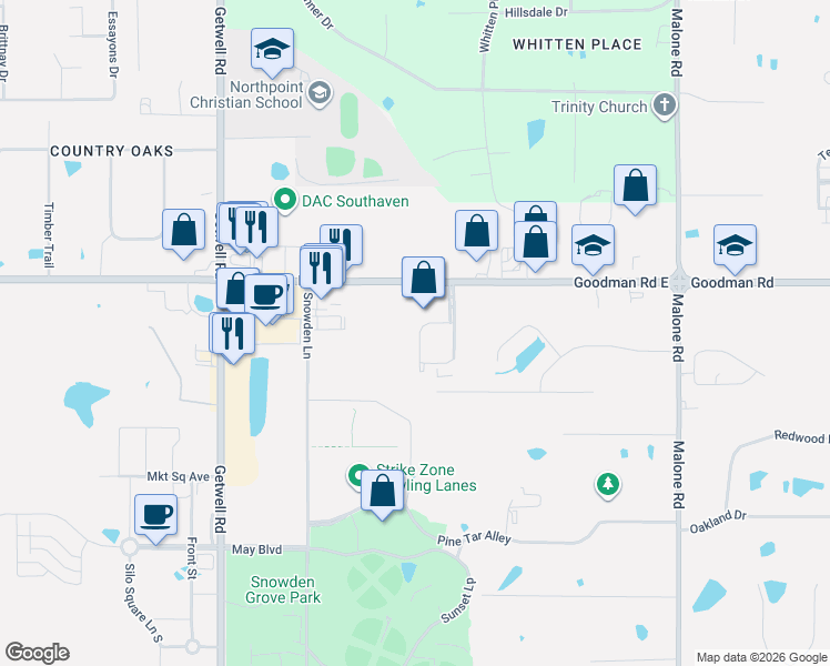 map of restaurants, bars, coffee shops, grocery stores, and more near 6857 Cobblestone Boulevard in Southaven