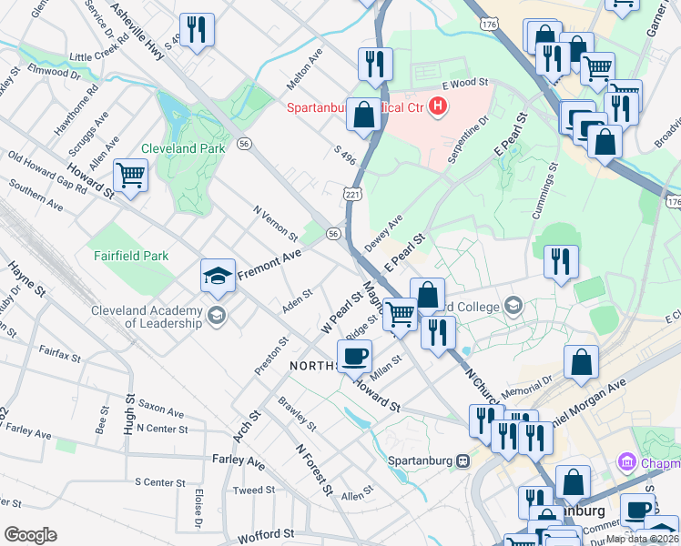 map of restaurants, bars, coffee shops, grocery stores, and more near 127 Fremont Avenue in Spartanburg