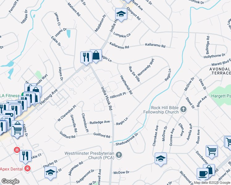 map of restaurants, bars, coffee shops, grocery stores, and more near 1718 India Hook Road in Rock Hill