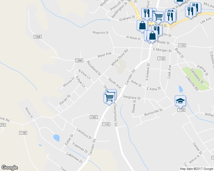 map of restaurants, bars, coffee shops, grocery stores, and more near 406 Orchard Street in Wadesboro