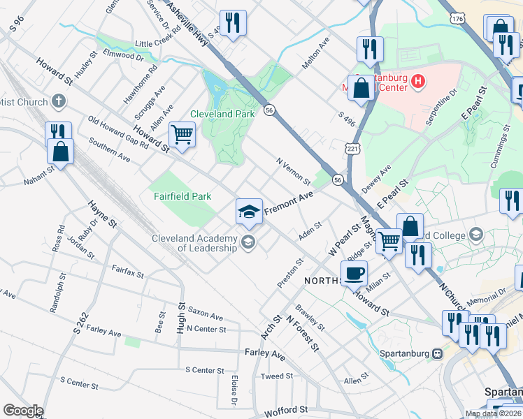 map of restaurants, bars, coffee shops, grocery stores, and more near 29 Fremont Avenue in Spartanburg