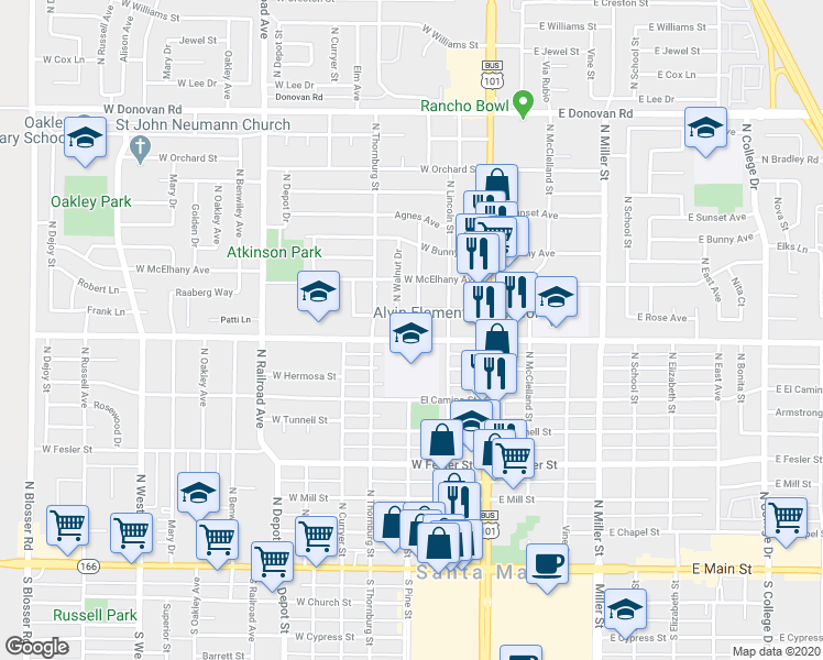 map of restaurants, bars, coffee shops, grocery stores, and more near 807 North Barbara Street in Santa Maria