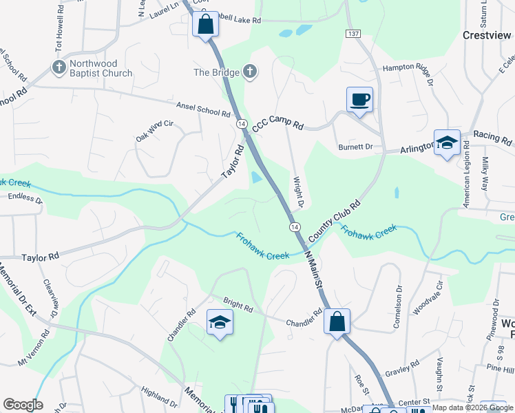 map of restaurants, bars, coffee shops, grocery stores, and more near 151 Taylor Road in Greer