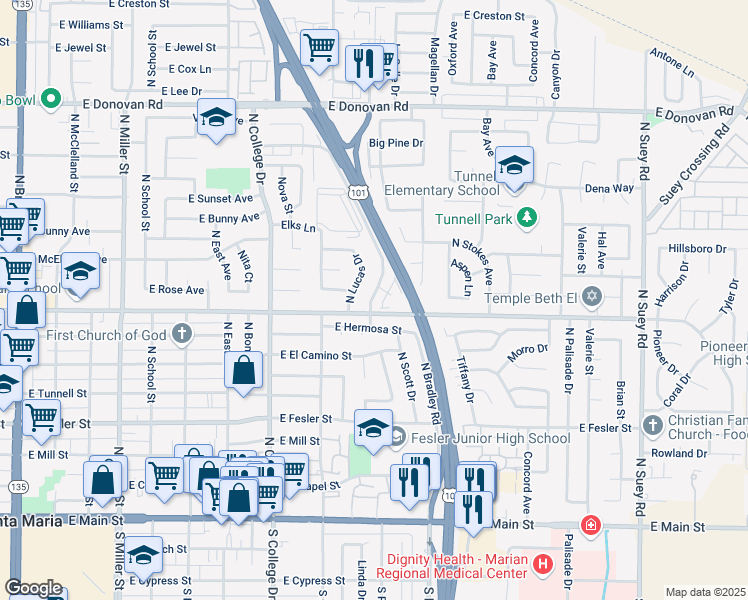 map of restaurants, bars, coffee shops, grocery stores, and more near 800 North Bradley Road in Santa Maria